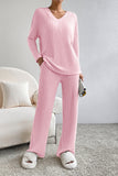 LC625308-P1010-S, LC625308-P1010-M, LC625308-P1010-L, LC625308-P1010-XL, Light Pink Ribbed Knit V Neck Slouchy Two-piece Outfit