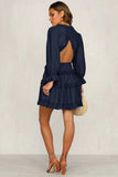 Women's Long Sleeve V Neck Mini Dress Ruffle Detailing Open Back Dress