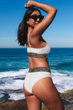 LC433542-1-S, LC433542-1-M, LC433542-1-L, LC433542-1-XL, LC433542-1-XS, White Leopard Mesh Trim 2pcs Bikini Swimsuit