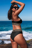 LC433542-2-S, LC433542-2-M, LC433542-2-L, LC433542-2-XL, LC433542-2-XS, Black Leopard Mesh Trim 2pcs Bikini Swimsuit