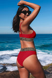 LC433542-3-S, LC433542-3-M, LC433542-3-L, LC433542-3-XL, LC433542-3-XS, Red Leopard Mesh Trim 2pcs Bikini Swimsuit