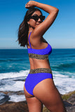 LC433542-5-S, LC433542-5-M, LC433542-5-L, LC433542-5-XL, LC433542-5-XS, Blue Leopard Mesh Trim 2pcs Bikini Swimsuit