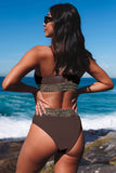 LC433542-17-S, LC433542-17-M, LC433542-17-L, LC433542-17-XL, LC433542-17-XS, Brown Leopard Mesh Trim 2pcs Bikini Swimsuit