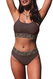 LC433542-17-S, LC433542-17-M, LC433542-17-L, LC433542-17-XL, LC433542-17-XS, Brown Leopard Mesh Trim 2pcs Bikini Swimsuit