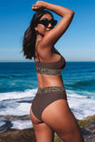 LC433542-17-S, LC433542-17-M, LC433542-17-L, LC433542-17-XL, LC433542-17-XS, Brown Leopard Mesh Trim 2pcs Bikini Swimsuit