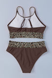 LC433542-17-S, LC433542-17-M, LC433542-17-L, LC433542-17-XL, LC433542-17-XS, Brown Leopard Mesh Trim 2pcs Bikini Swimsuit