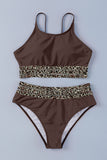 LC433542-17-S, LC433542-17-M, LC433542-17-L, LC433542-17-XL, LC433542-17-XS, Brown Leopard Mesh Trim 2pcs Bikini Swimsuit