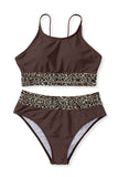 LC433542-17-S, LC433542-17-M, LC433542-17-L, LC433542-17-XL, LC433542-17-XS, Brown Leopard Mesh Trim 2pcs Bikini Swimsuit