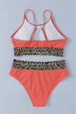 LC433542-14-S, LC433542-14-M, LC433542-14-L, LC433542-14-XL, LC433542-14-XS, Orange Leopard Mesh Trim 2pcs Bikini Swimsuit