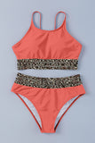 LC433542-14-S, LC433542-14-M, LC433542-14-L, LC433542-14-XL, LC433542-14-XS, Orange Leopard Mesh Trim 2pcs Bikini Swimsuit