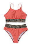 LC433542-14-S, LC433542-14-M, LC433542-14-L, LC433542-14-XL, LC433542-14-XS, Orange Leopard Mesh Trim 2pcs Bikini Swimsuit