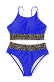 LC433542-5-S, LC433542-5-M, LC433542-5-L, LC433542-5-XL, LC433542-5-XS, Blue Leopard Mesh Trim 2pcs Bikini Swimsuit