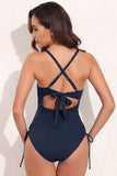 LC443640-5-S, LC443640-5-M, LC443640-5-L, LC443640-5-XL, LC443640-5-2XL, Blue Ribbed Sexy Cutout Ruched Monokini