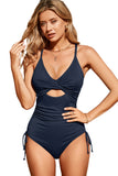 LC443640-5-S, LC443640-5-M, LC443640-5-L, LC443640-5-XL, LC443640-5-2XL, Blue Ribbed Sexy Cutout Ruched Monokini