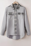 LC854302-P11-S, LC854302-P11-M, LC854302-P11-L, LC854302-P11-XL, LC854302-P11-2XL, Gray Plaid Patchwork Waffle Thermal Knit Shacket