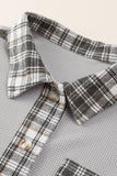 LC854302-P11-S, LC854302-P11-M, LC854302-P11-L, LC854302-P11-XL, LC854302-P11-2XL, Gray Plaid Patchwork Waffle Thermal Knit Shacket