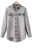 LC854302-P11-S, LC854302-P11-M, LC854302-P11-L, LC854302-P11-XL, LC854302-P11-2XL, Gray Plaid Patchwork Waffle Thermal Knit Shacket