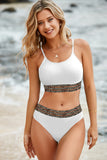 LC433542-1-S, LC433542-1-M, LC433542-1-L, LC433542-1-XL, LC433542-1-XS, White Leopard Mesh Trim 2pcs Bikini Swimsuit