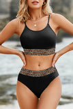 LC433542-2-S, LC433542-2-M, LC433542-2-L, LC433542-2-XL, LC433542-2-XS, Black Leopard Mesh Trim 2pcs Bikini Swimsuit