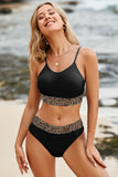 LC433542-2-S, LC433542-2-M, LC433542-2-L, LC433542-2-XL, LC433542-2-XS, Black Leopard Mesh Trim 2pcs Bikini Swimsuit