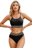 LC433542-2-S, LC433542-2-M, LC433542-2-L, LC433542-2-XL, LC433542-2-XS, Black Leopard Mesh Trim 2pcs Bikini Swimsuit