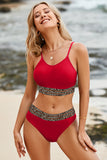 LC433542-3-S, LC433542-3-M, LC433542-3-L, LC433542-3-XL, LC433542-3-XS, Red Leopard Mesh Trim 2pcs Bikini Swimsuit