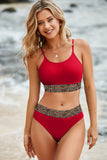 LC433542-3-S, LC433542-3-M, LC433542-3-L, LC433542-3-XL, LC433542-3-XS, Red Leopard Mesh Trim 2pcs Bikini Swimsuit