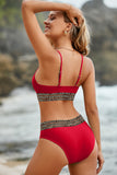 LC433542-3-S, LC433542-3-M, LC433542-3-L, LC433542-3-XL, LC433542-3-XS, Red Leopard Mesh Trim 2pcs Bikini Swimsuit