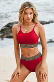 LC433542-3-S, LC433542-3-M, LC433542-3-L, LC433542-3-XL, LC433542-3-XS, Red Leopard Mesh Trim 2pcs Bikini Swimsuit