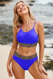 LC433542-5-S, LC433542-5-M, LC433542-5-L, LC433542-5-XL, LC433542-5-XS, Blue Leopard Mesh Trim 2pcs Bikini Swimsuit