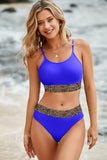 LC433542-5-S, LC433542-5-M, LC433542-5-L, LC433542-5-XL, LC433542-5-XS, Blue Leopard Mesh Trim 2pcs Bikini Swimsuit