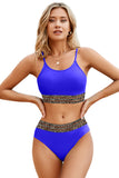 LC433542-5-S, LC433542-5-M, LC433542-5-L, LC433542-5-XL, LC433542-5-XS, Blue Leopard Mesh Trim 2pcs Bikini Swimsuit