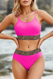 LC433542-6-S, LC433542-6-M, LC433542-6-L, LC433542-6-XL, LC433542-6-XS, Rose Leopard Mesh Trim 2pcs Bikini Swimsuit