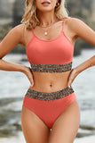 LC433542-14-S, LC433542-14-M, LC433542-14-L, LC433542-14-XL, LC433542-14-XS, Orange Leopard Mesh Trim 2pcs Bikini Swimsuit