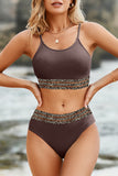 LC433542-17-S, LC433542-17-M, LC433542-17-L, LC433542-17-XL, LC433542-17-XS, Brown Leopard Mesh Trim 2pcs Bikini Swimsuit