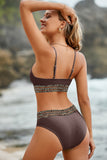 LC433542-17-S, LC433542-17-M, LC433542-17-L, LC433542-17-XL, LC433542-17-XS, Brown Leopard Mesh Trim 2pcs Bikini Swimsuit