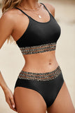 LC433542-2-S, LC433542-2-M, LC433542-2-L, LC433542-2-XL, LC433542-2-XS, Black Leopard Mesh Trim 2pcs Bikini Swimsuit