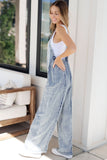 LC784761-P804-S, LC784761-P804-M, LC784761-P804-L, LC784761-P804-XL, Beau Blue Light Wash Frayed Exposed Seam Wide Leg Denim Overall