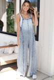 LC784761-P804-S, LC784761-P804-M, LC784761-P804-L, LC784761-P804-XL, Beau Blue Light Wash Frayed Exposed Seam Wide Leg Denim Overall