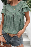 LC25126147-P1209-S, LC25126147-P1209-M, LC25126147-P1209-L, LC25126147-P1209-XL, Laurel Green Dotted Ruffle Sleeve Crew Neck Ruched Blouse