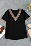 PL25118904-P2-1X, PL25118904-P2-2X, PL25118904-P2-3X, Black Lace Trim Short Sleeve V Neck Plus Size Top