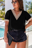 PL25118904-P2-1X, PL25118904-P2-2X, PL25118904-P2-3X, Black Lace Trim Short Sleeve V Neck Plus Size Top