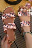 Women's Fiery Red American Flag Print Double Band Flat Slides Shoes