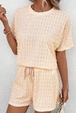 LC625733-P15-S, LC625733-P15-M, LC625733-P15-L, LC625733-P15-XL, Beige Frill Textured Short Sleeve Top and Drawstring Shorts Set