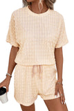 LC625733-P15-S, LC625733-P15-M, LC625733-P15-L, LC625733-P15-XL, Beige Frill Textured Short Sleeve Top and Drawstring Shorts Set