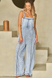 LC784761-P804-S, LC784761-P804-M, LC784761-P804-L, LC784761-P804-XL, Beau Blue Light Wash Frayed Exposed Seam Wide Leg Denim Overall