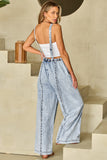 LC784761-P804-S, LC784761-P804-M, LC784761-P804-L, LC784761-P804-XL, Beau Blue Light Wash Frayed Exposed Seam Wide Leg Denim Overall