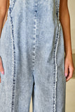 LC784761-P804-S, LC784761-P804-M, LC784761-P804-L, LC784761-P804-XL, Beau Blue Light Wash Frayed Exposed Seam Wide Leg Denim Overall