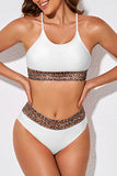 LC433542-1-S, LC433542-1-M, LC433542-1-L, LC433542-1-XL, LC433542-1-XS, White Leopard Mesh Trim 2pcs Bikini Swimsuit