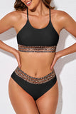 LC433542-2-S, LC433542-2-M, LC433542-2-L, LC433542-2-XL, LC433542-2-XS, Black Leopard Mesh Trim 2pcs Bikini Swimsuit